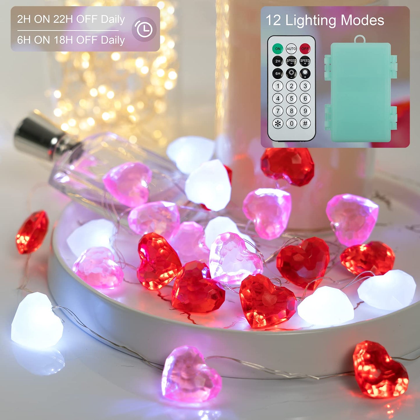 Valentine Day Decor 10 ft 30 LEDs 3D Heart Lights, Red White Pink Fairy String Lights with Remote Battery Operated, Valentines Decorations for The Home Bedroom Garland Wedding Indoor Timer