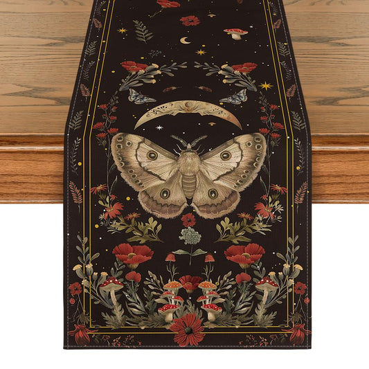 Poppy Moth Mushroom Moon Fall Table Runner, Seasonal Autumn Kitchen Dining Table Decoration for Home Party Decor 13x72 Inch