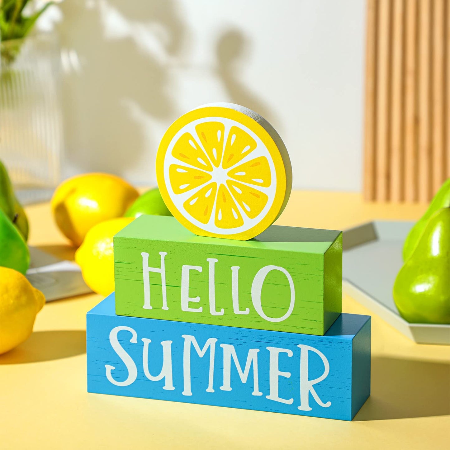 3 Pieces Summer Wooden Block Decor for Home Lemon Wooden Tiered Tray Block Decor Rustic Hello Summer Sign for Living Mantle Kitchen Table Party Decoration