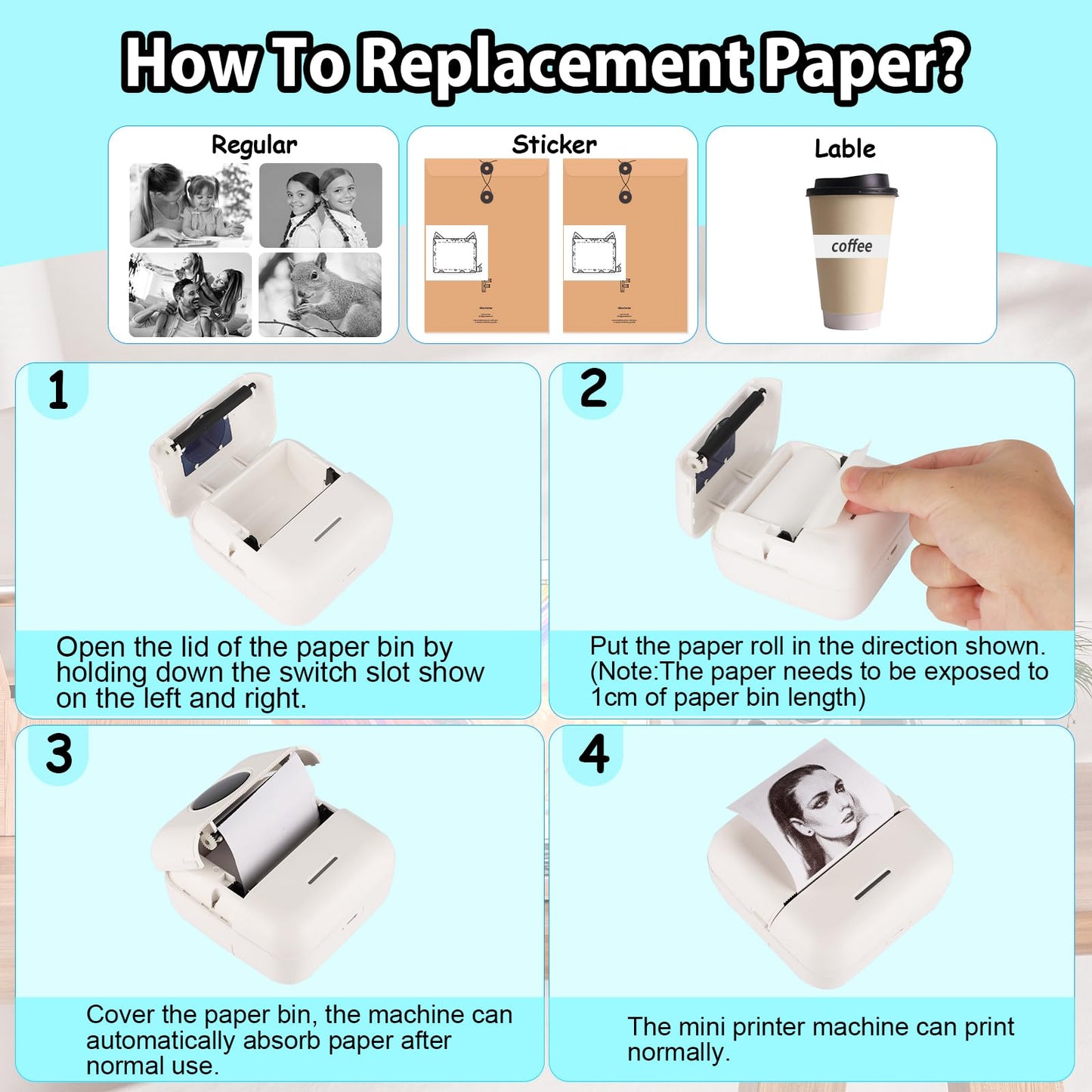 HuiJuKeJi Mini Sticker Printer Bluetooth Smart Pocket Inkless Thermal Printer with 11 Rolls Thermal Paper and Sticker for iOS&Android, Portable Receipt Printer for Photo Journal Notes Memo