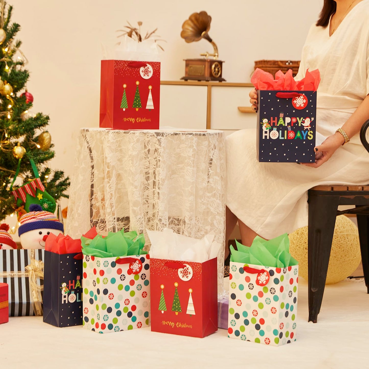 Small Christmas Gift Bags with Tissue Paper, 6 Pack Holiday Theme Bags in 3 Festive Designs, 7x9x4 Inches, Red Navy White with 12 Sheets Tissue Paper