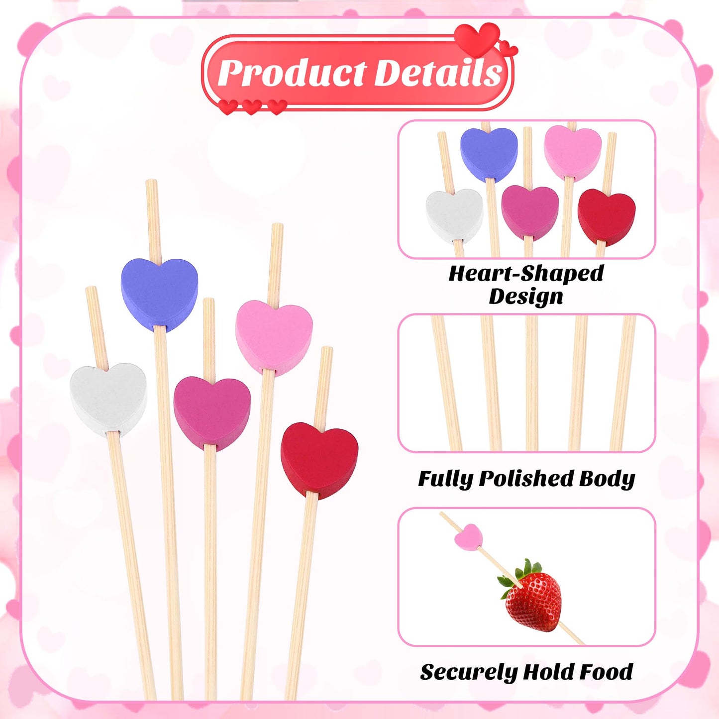 200 Pieces Valentine's Day Classic Color Heart Cocktail Picks 4.72 Inch Wooden Toothpicks Cocktail Skewers Appetizers Picks Party Supplies for Birthday, Wedding, Baby Shower