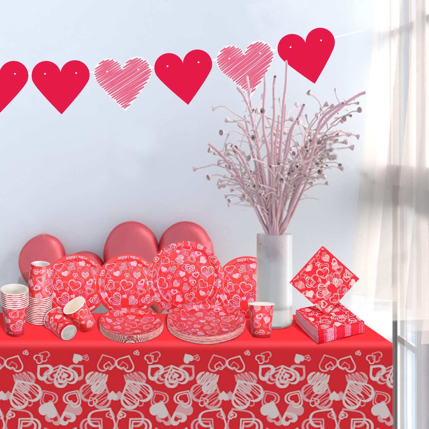 Gatherfun Valentine's Day Party Supplies Hot Heart Love Disposable Paper Plates Napkins Cups plastic Tablecloth with Banner for Valentine's Day, Engagements, Anniversary, Birthday Party Serve 25