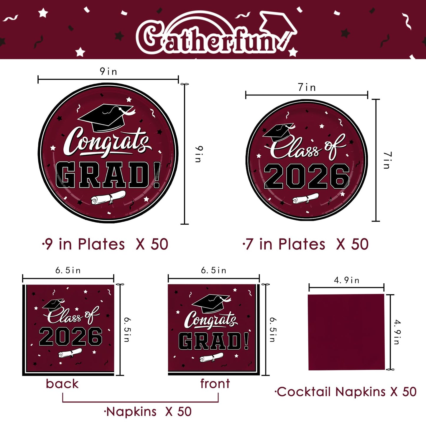 Gatherfun Graduation decorations 2026 Graduation Party Supplies Maroon Disposable Paper Plates Luncheon Napkins Cocktail Napkins for Congrats Grad Party Decorations, Serve 50