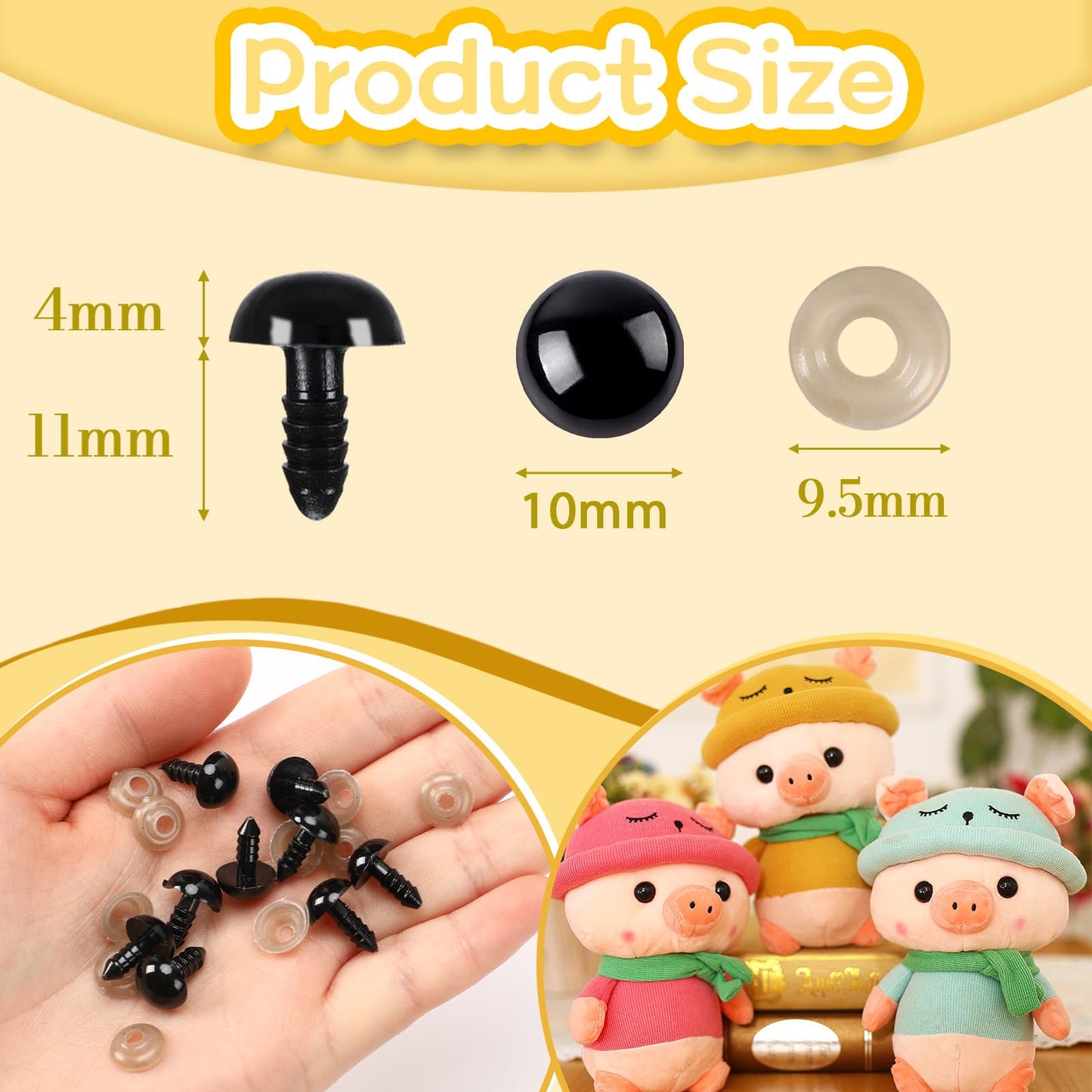 UPINS 600 Pieces 10MM Safety Eyes with Washers Black Plastic Safety Eyes for Amigurumi Doll Crochet Eyes for DIY Crafts Stuffed Animals Making Supplies
