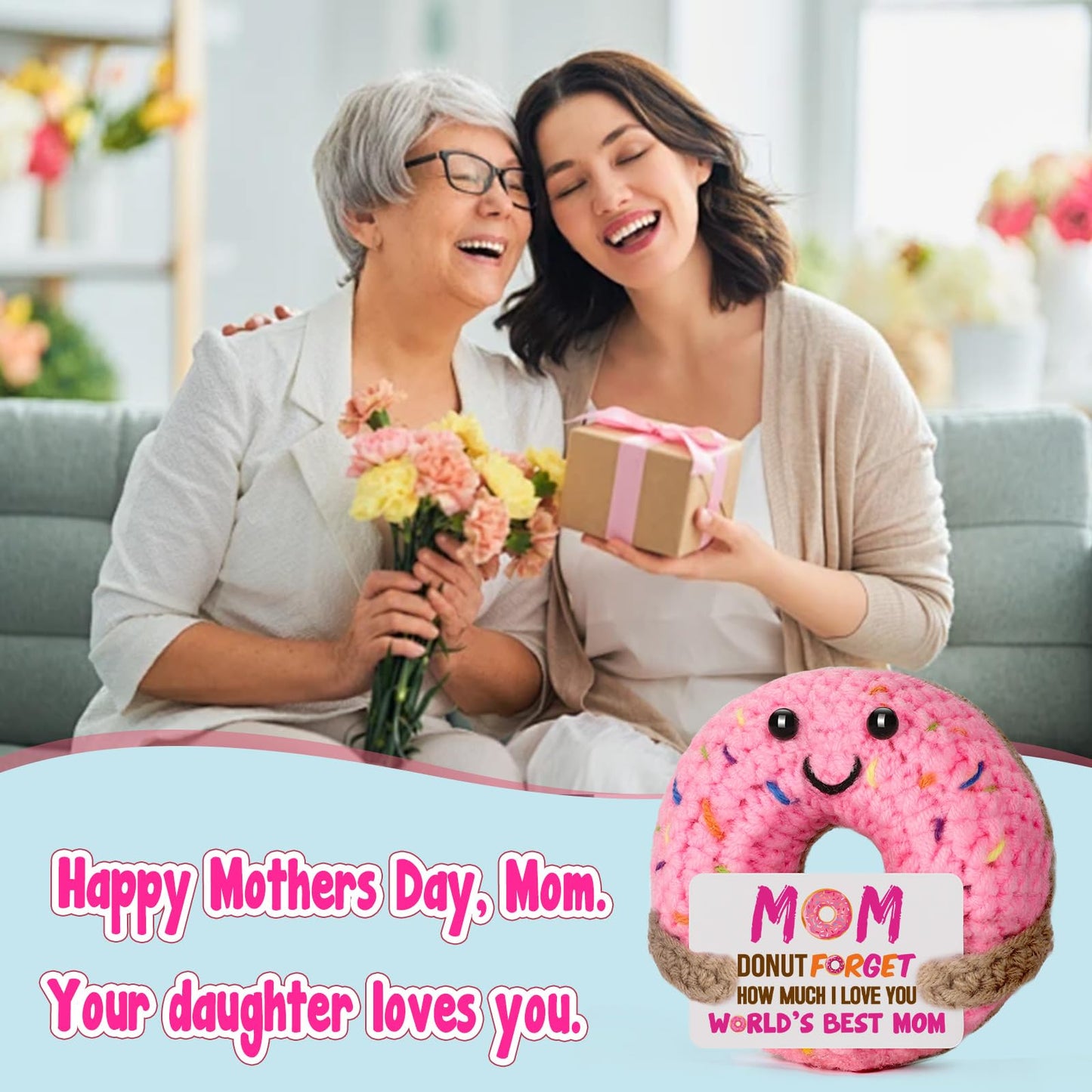 BuiltFit Mom Gifts for Mothers Day - Funny Mother's Day Birthday Handmade Crochet Donut Gift for Mom Mama Mother Mommy from Daughter Son Best Mothers Ever Gifts