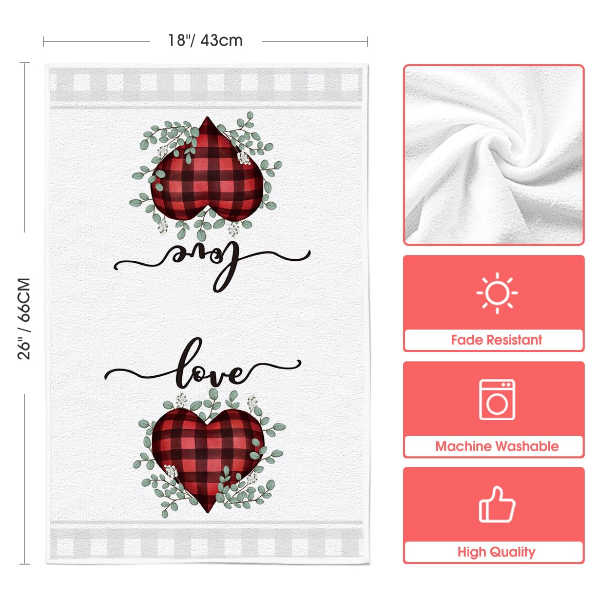 Artoid Mode Red Buffalo Plaid Heart Love Valentine's Day Kitchen Towels Dish Towels, 18x26 Inch Anniversary Wedding Decoration Hand Towels Set of 2