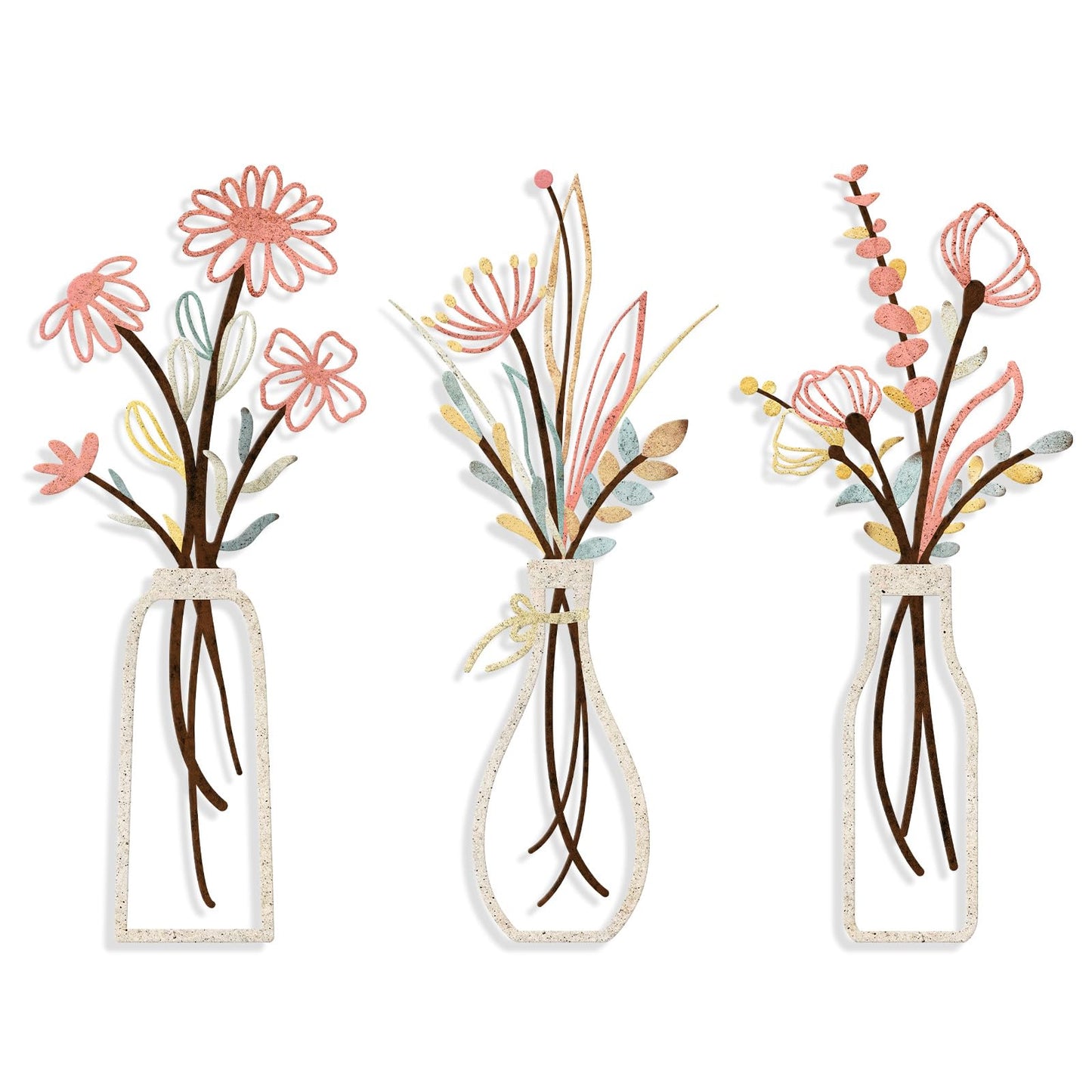 3 Pieces Metal Flowers Wall Arts - Rustic Farmhouse Style Décor Metal Wall Art Black Minimalist Flower Natural Themed Wall Decors for Home Bedroom Dining Room Housewarming (Pink Beige)