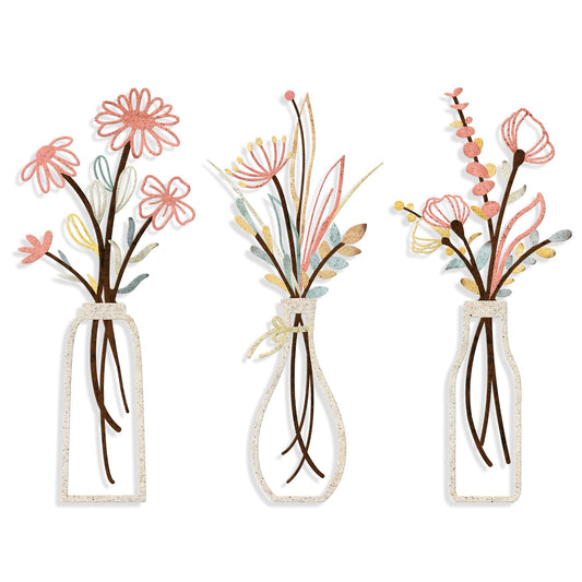 3 Pieces Metal Flowers Wall Arts - Rustic Farmhouse Style Décor Metal Wall Art Black Minimalist Flower Natural Themed Wall Decors for Home Bedroom Dining Room Housewarming (Pink Beige)