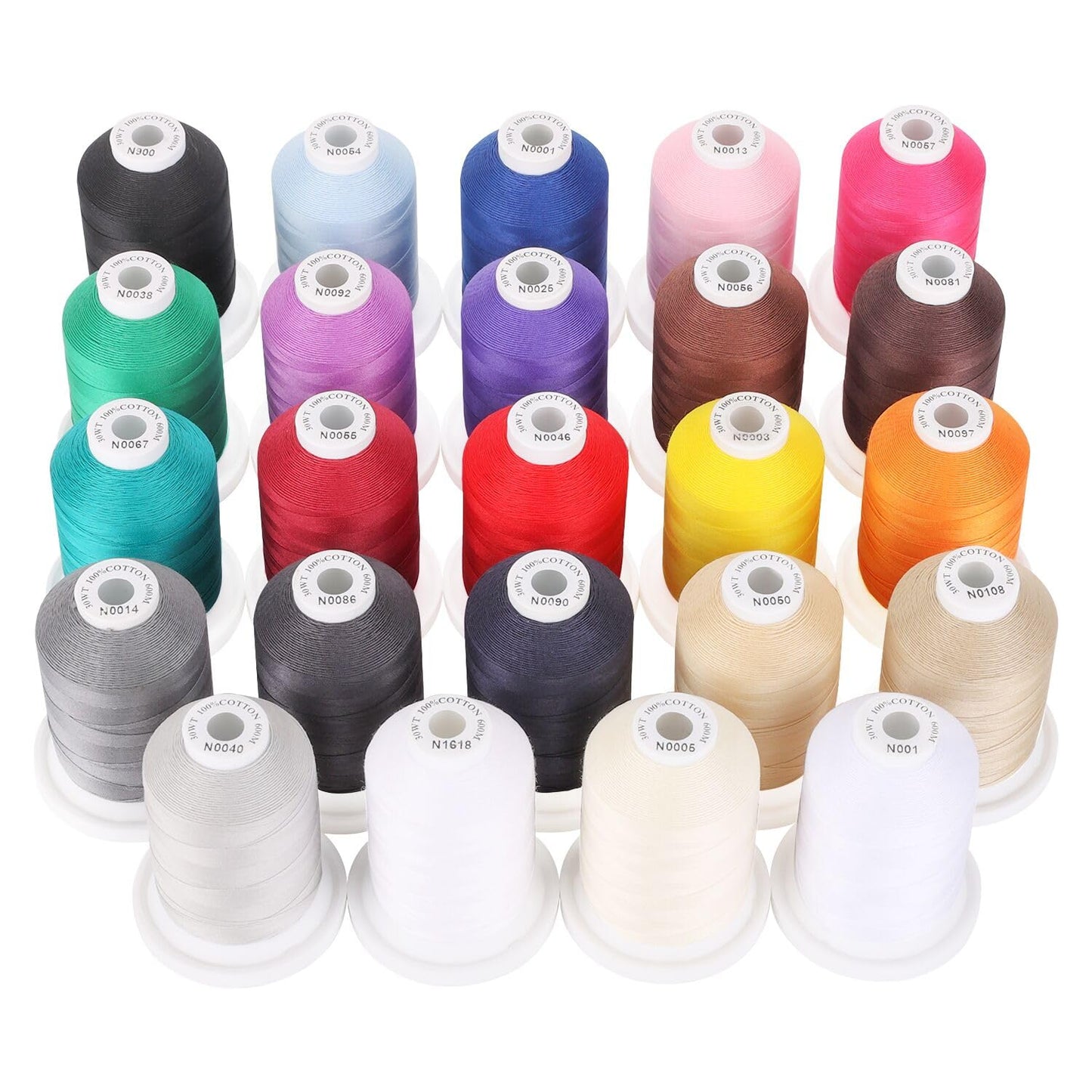 18 Options - Multi-Purpose 100% Mercerized Cotton Threads 50S/3 600M(660Y) Each Spool for Quilting, Serger, Sewing and Embroidery - 24 Basic Colors