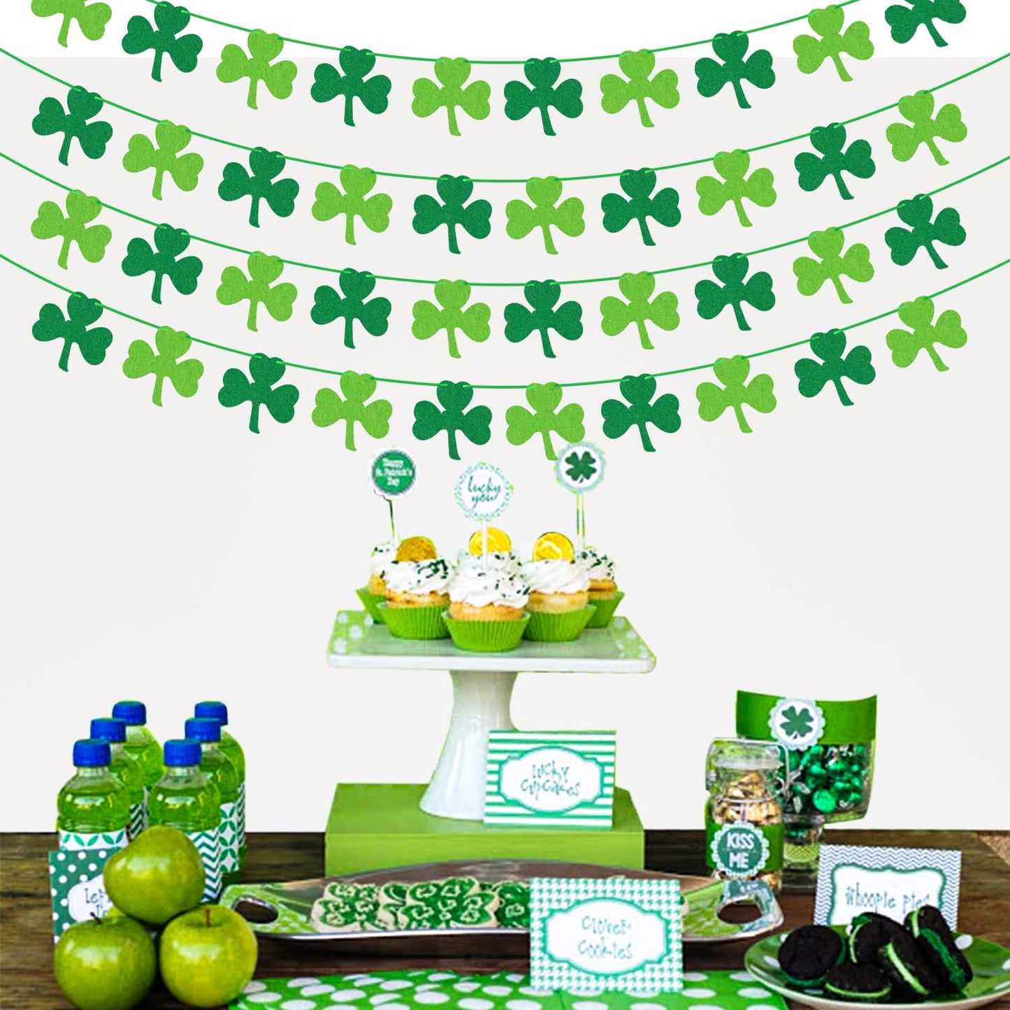 St Patricks Day Decorations 4PCS Felt Shamrock Garland Banner - NO DIY Shamrock Clover Garland Banner for St Patricks Day Decor - Dark Green Light Green for Irish Party Supplies