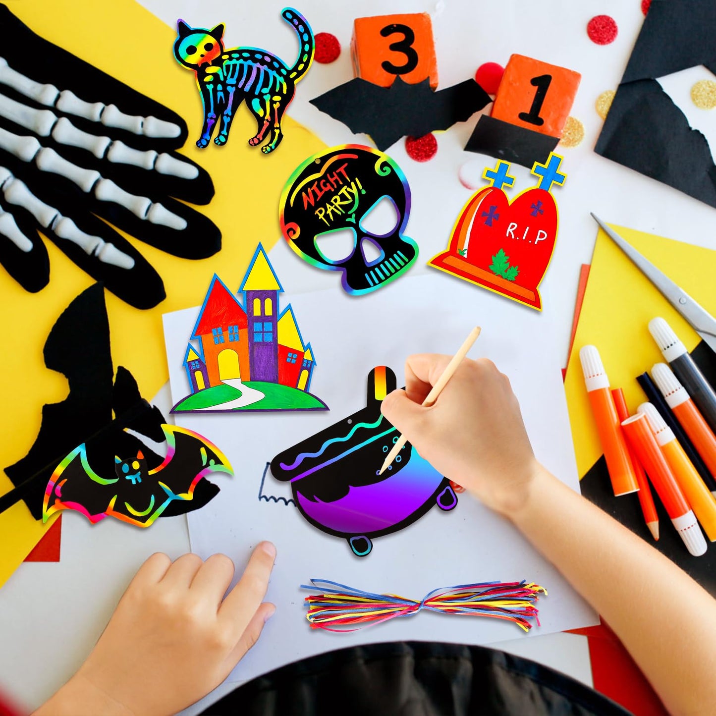 Max Fun Halloween Crafts for Kids Scratch Off Art Paper Cards 48Pack, Magic Rainbow Ornaments Hanging Supplies Educational Toys Kit Halloween Party Games Favor