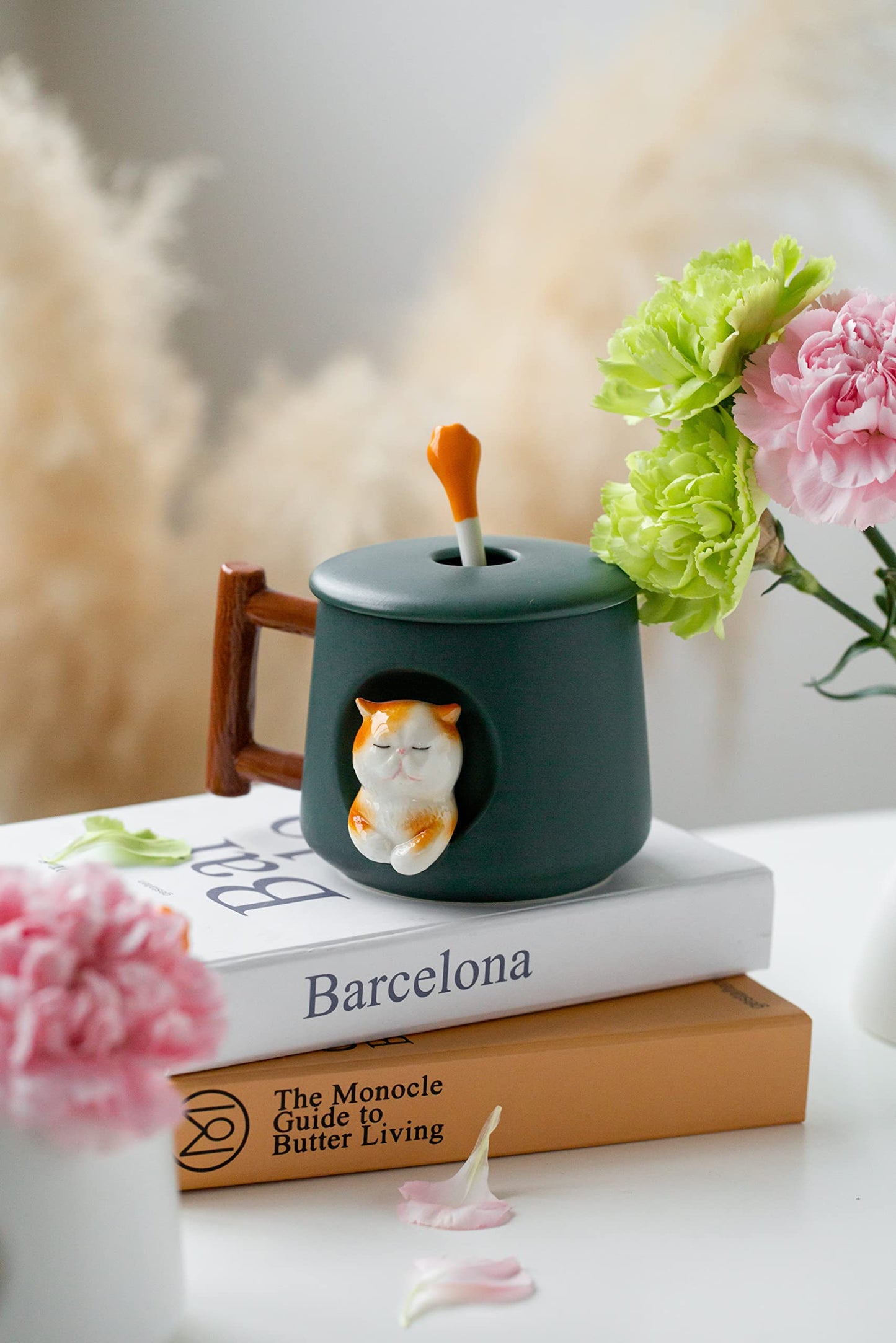 Adorable 3D Ceramic Cat Mug with Lid and Spoon - Perfect for Coffee, Tea, Milk, and More - Ideal Gift for Animal Lovers - 14 Ounces (Green)