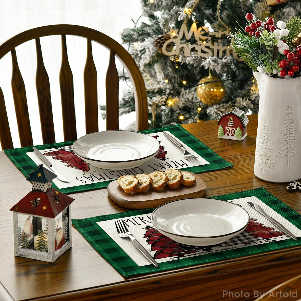 Artoid Mode Waterclor Green Buffalo Plaid Christmas Trees Placemats Set of 6, 12x18 Inch Winter Table Mats for Outdoor Home Party Kitchen Dining Decor