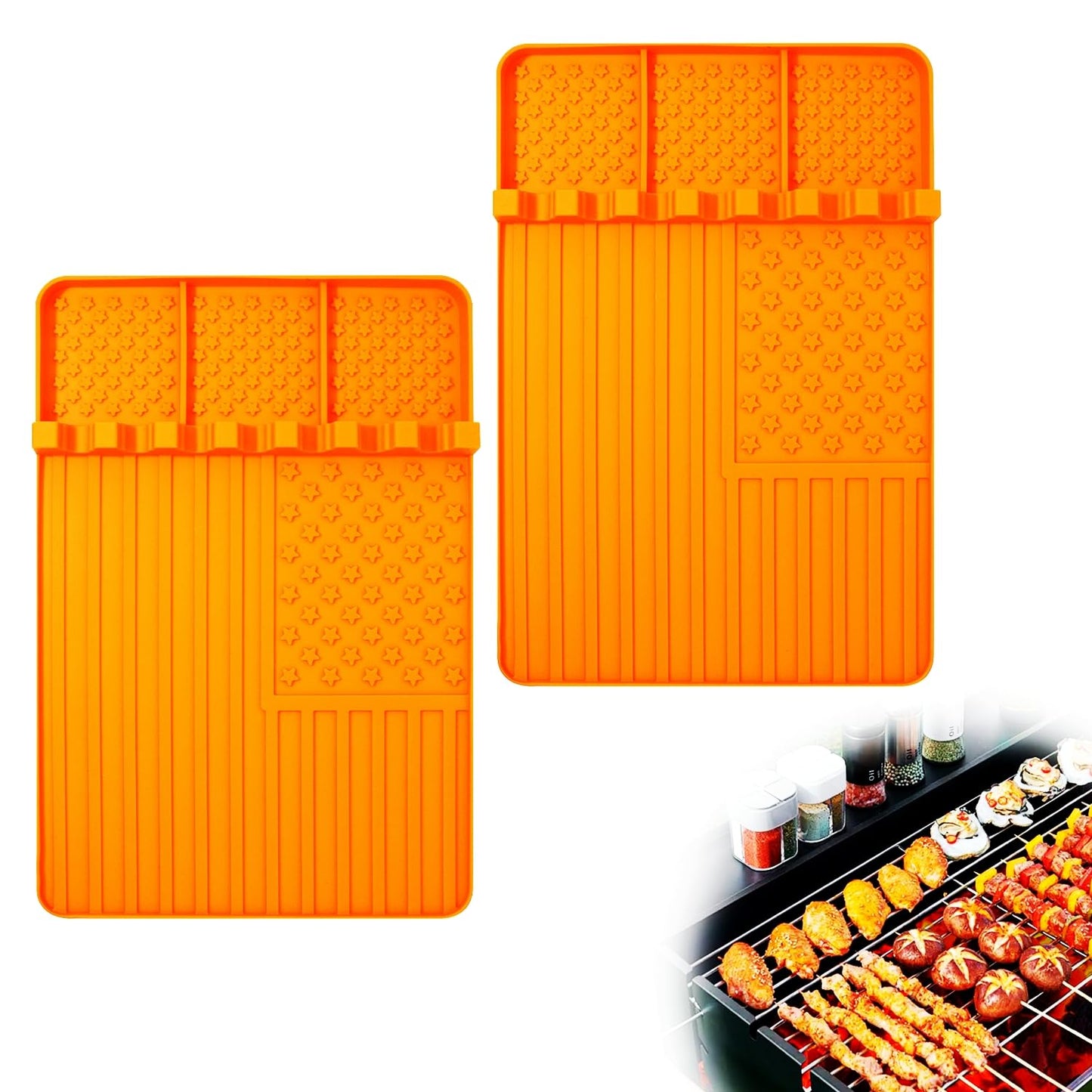2 PCS Silicone Grill Mat Compatible with Blackstone, BBQ Griddle Tools Mat with Drip Pad, Spatula Mat for Outdoor Kitchen Counter, Gifts for Men (orange-2)