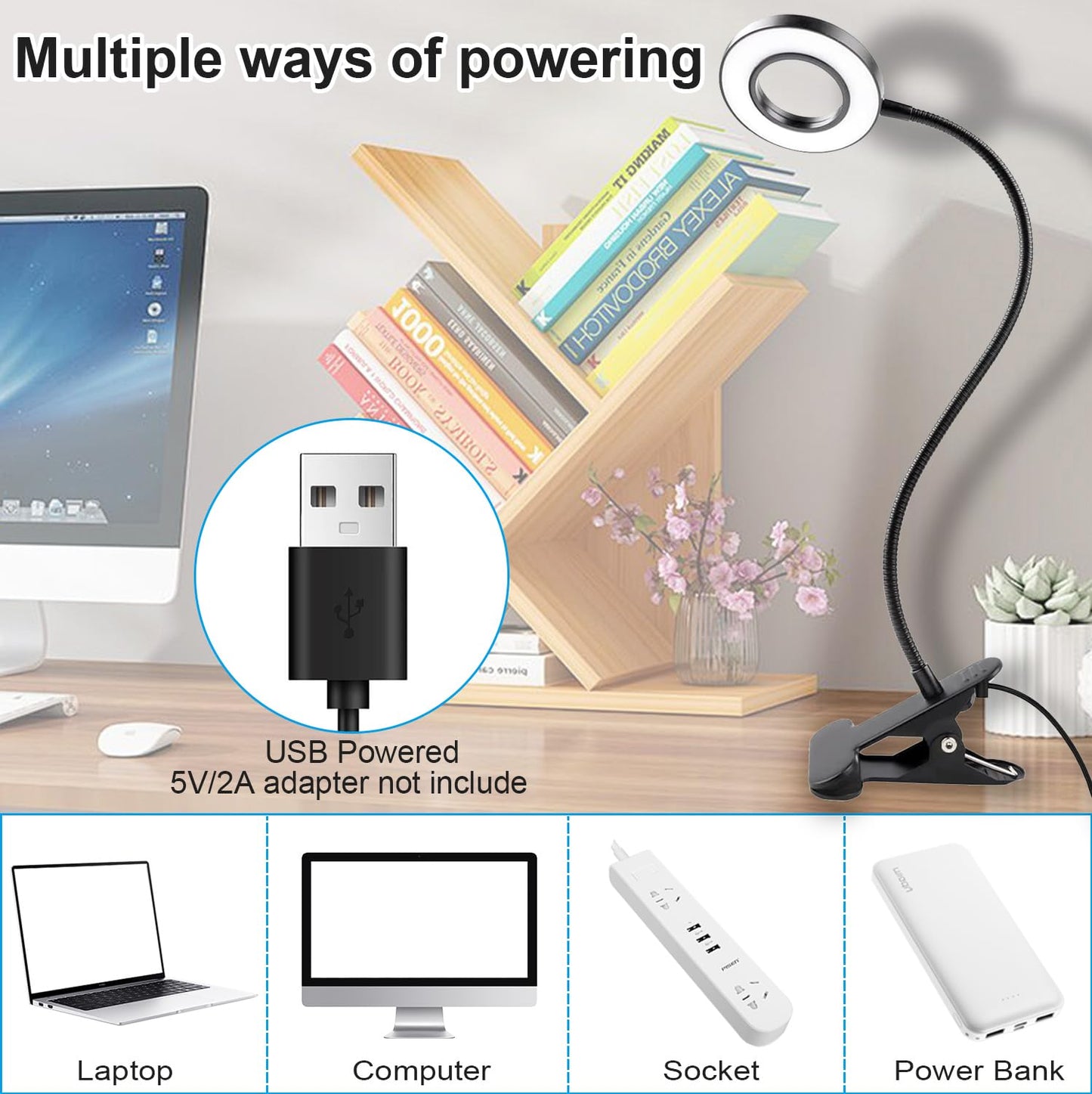 2 Pack LED Clip on Lamp Book Light for Kids Reading in Bed, 3 Color Modes with 10 Levels Brightness Flexible Gooseneck Clamp for Bed Headboard Video, Craft, Make up, Study