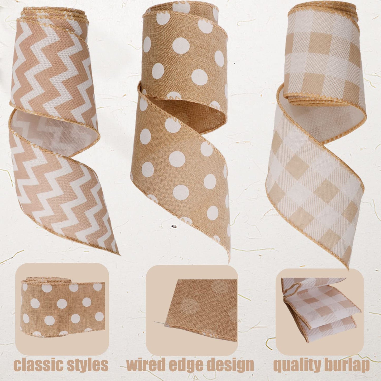 3 Rolls Burlap Wired Ribbons 15 Yards Stripe Dot Buffalo Plaid Pattern Wrapping Gingham Grosgrain Ribbon for DIY Crafts Party Home Decoration, 2.5 Inch x 15 Yards