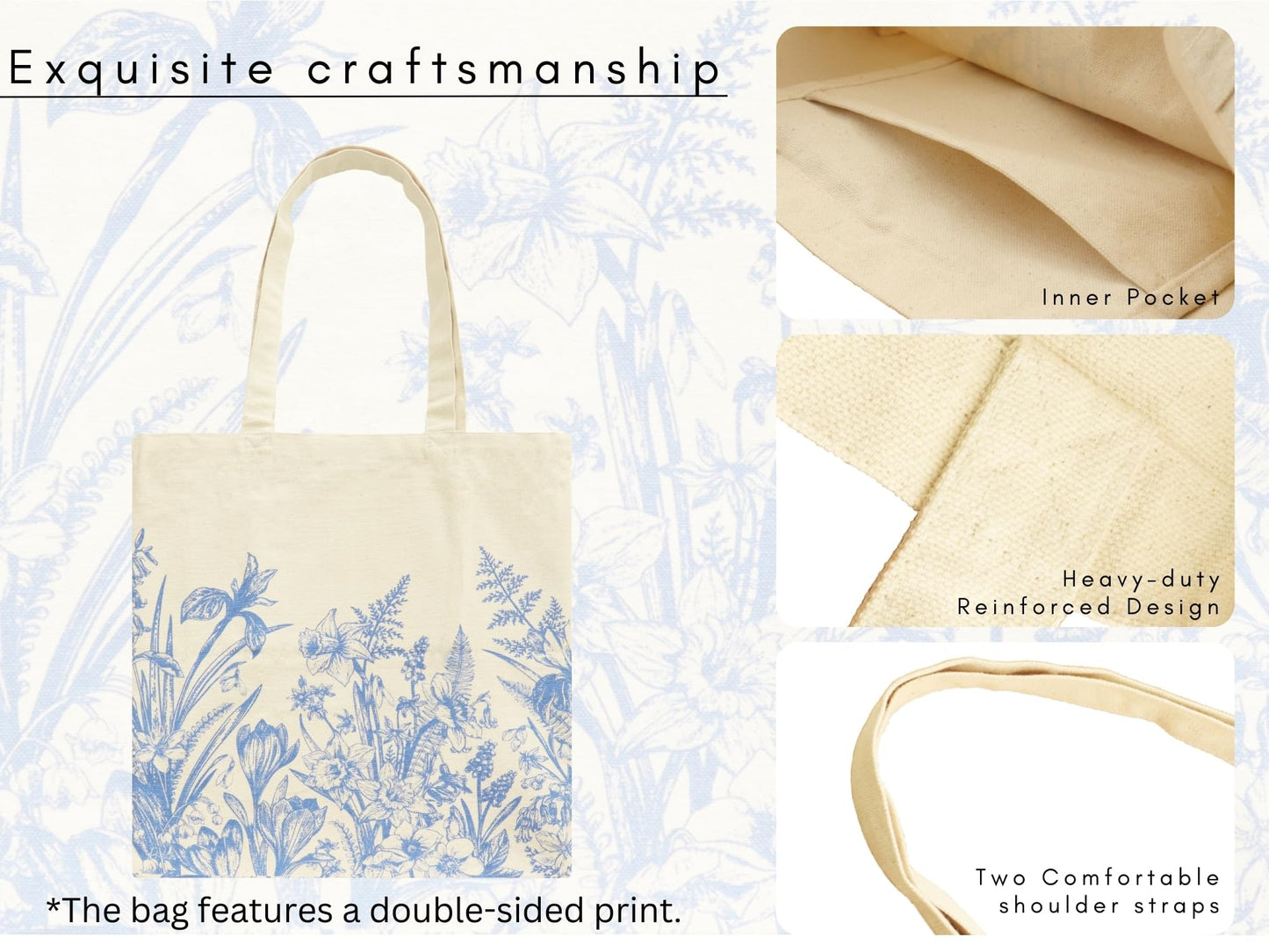 PurpleEssences Floral Tote Bag for Women, Cute Aesthetic Spring Tote Bag with Inner Pocket, Reusable Cloth Cotton Flower Tote Bag for Daily Essentials - Floral