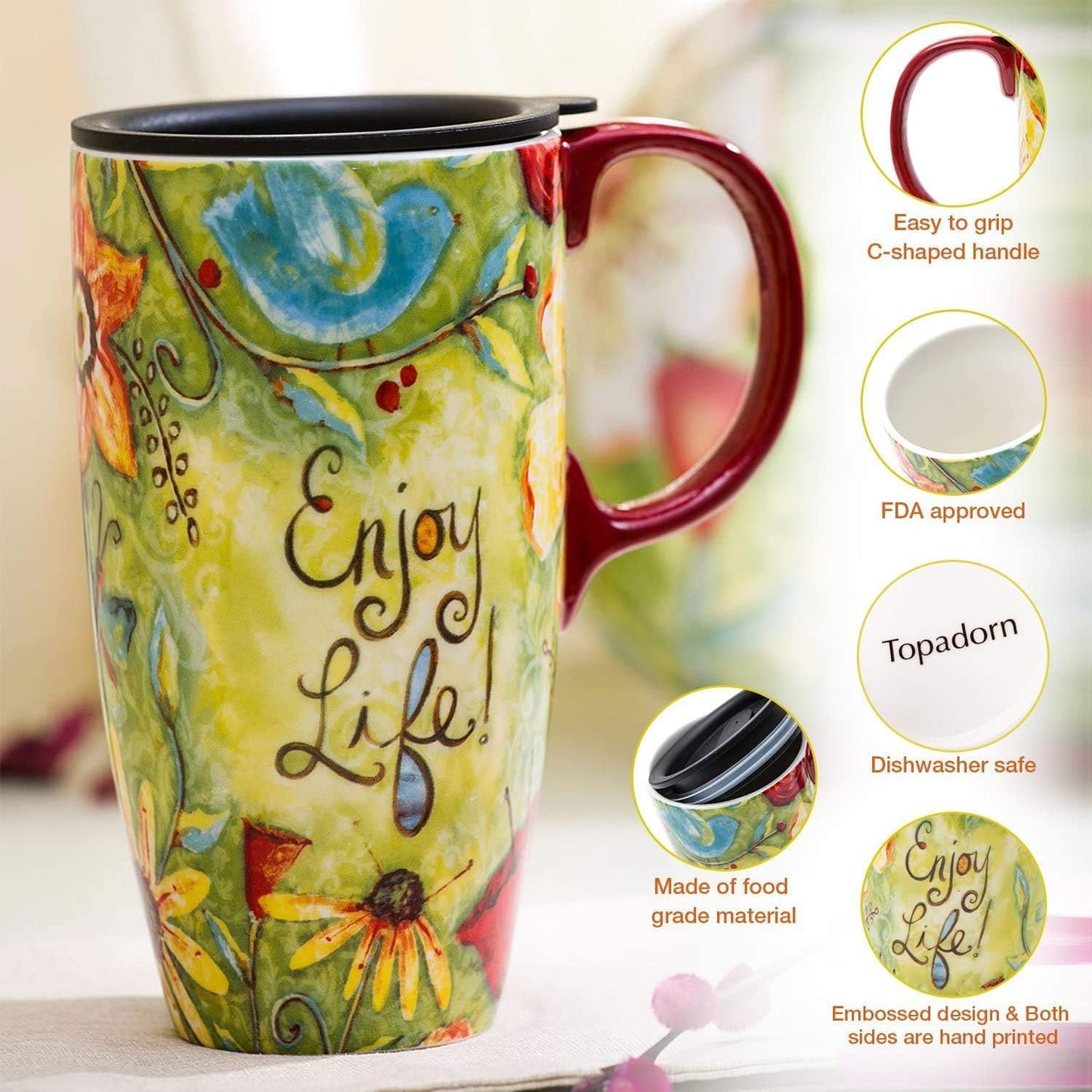 Coffee Ceramic Mug Porcelain Latte Tea Cup With Lid 17oz. Enjoy Life