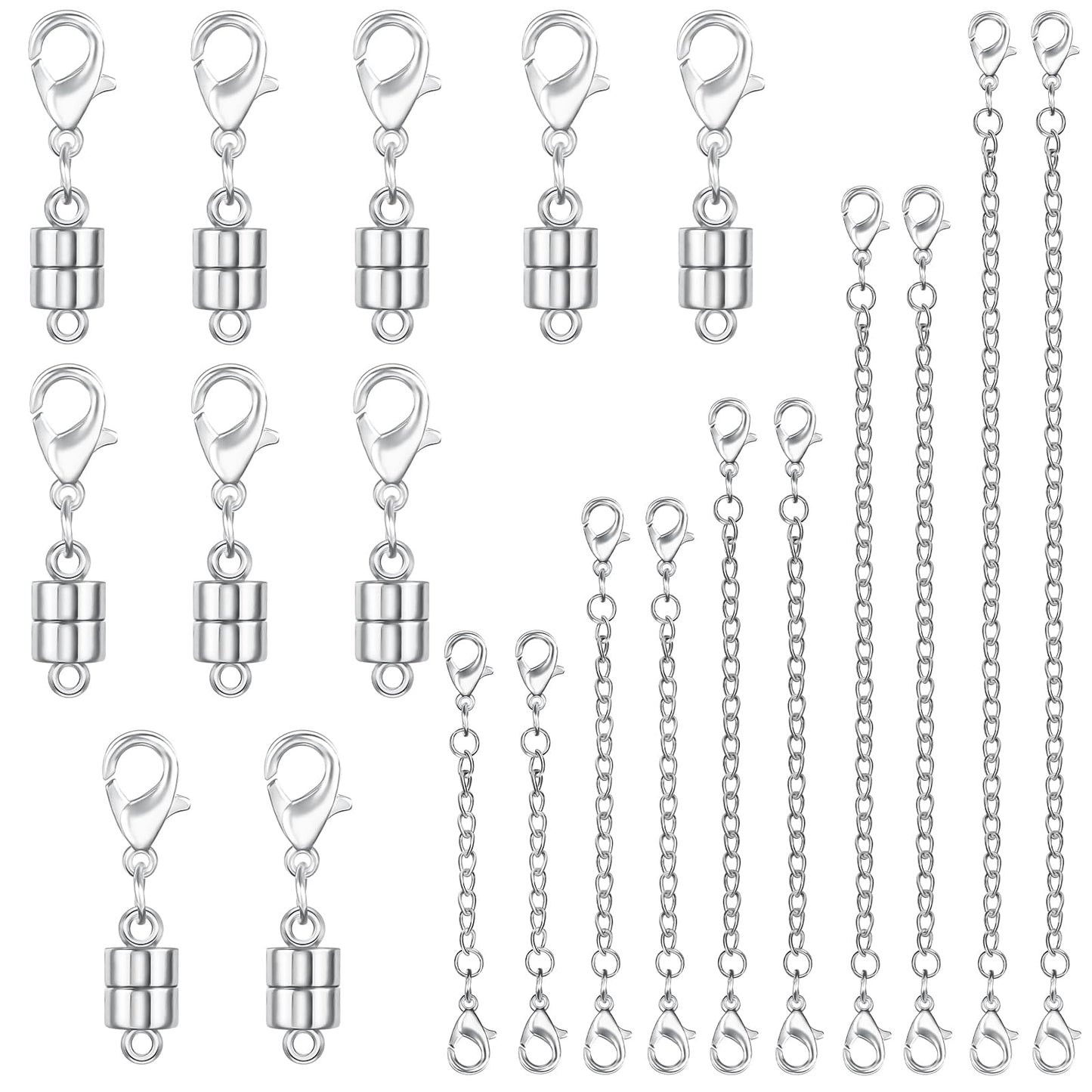 20 Pack Necklace Extenders, Magnetic Necklace Clasp with Lobster Clasp, 18K Plated Brass Jewelry Converters and Stainless Steel Extender, Suitable for Bracelet Necklaces Anklet Chains, Silver