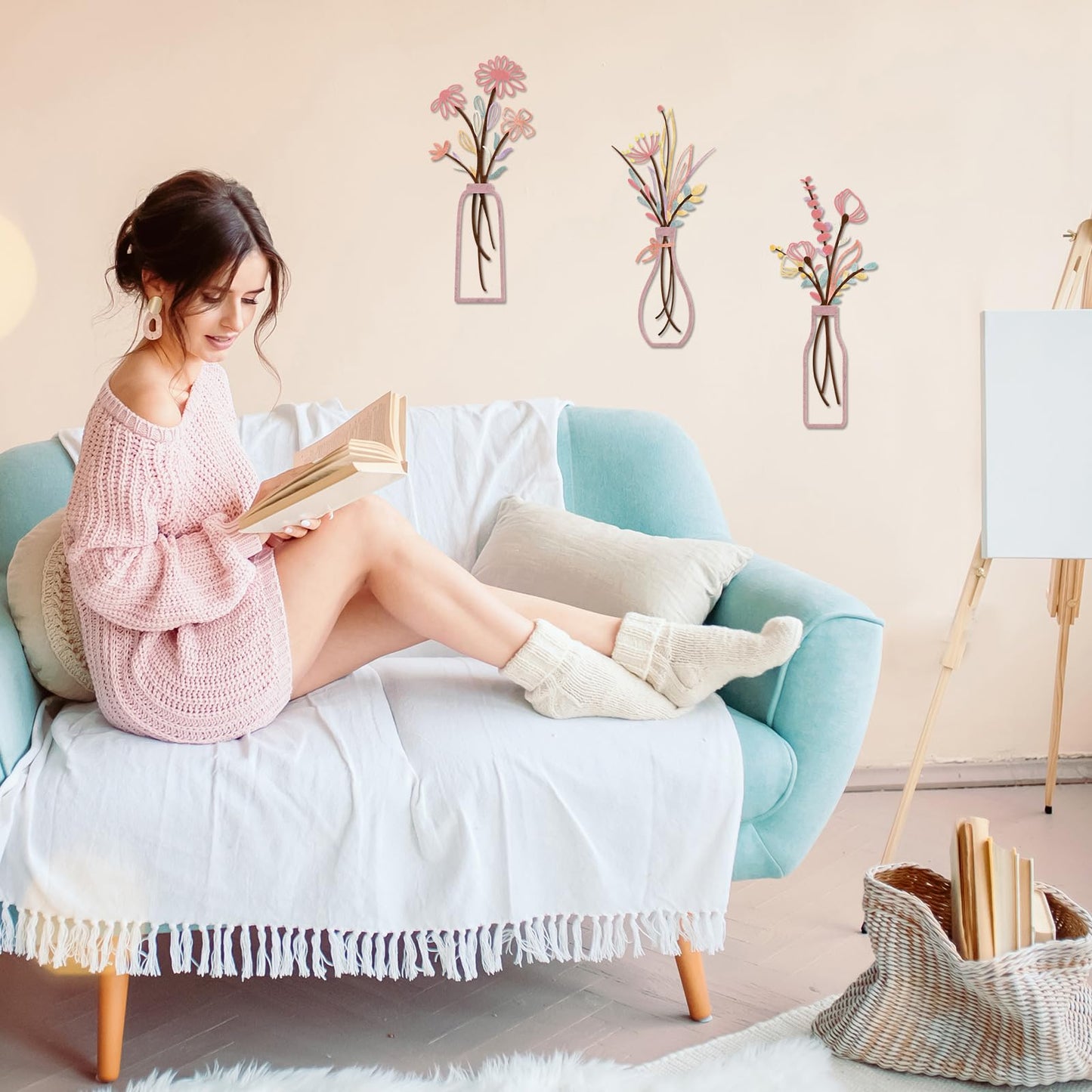 3 Pieces Metal Flowers Wall Arts - Rustic Farmhouse Style Décor Metal Wall Art Black Minimalist Flower Natural Themed Wall Decors for Home Bedroom Dining Room Housewarming (Pinkish)