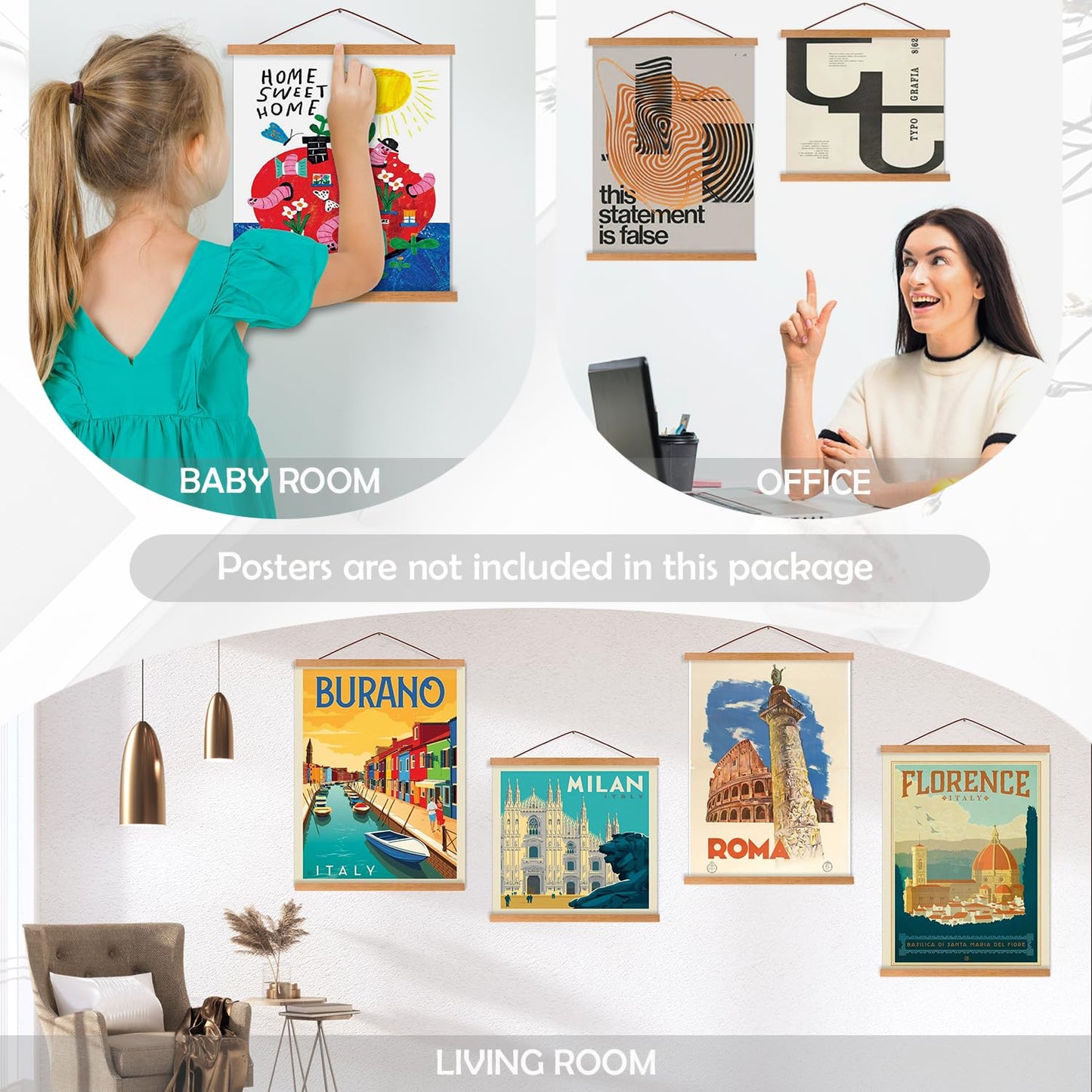 4 Pack Magnetic Poster Hanger Frame, 8x10 8x12 8x24 Light Wood Wooden Magnet Poster Frame for Maps Canvas Artwork Pictures Poster Hangers Frames (Teak,8")