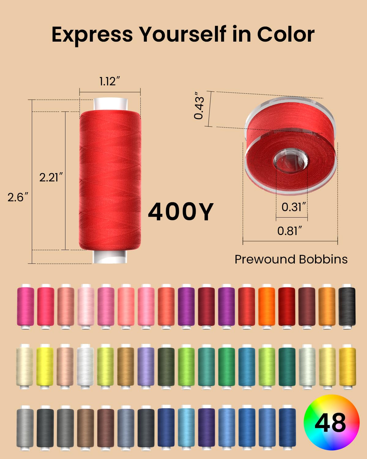 96Pcs Professional Sewing Thread Kit, 48 Colors 400 Yards/Spool, [Top Durability with 4-Ply Tight-Twist] AAA-Grade Polyester Thread with Prewound Bobbins, Sewing Thread for Hand & Machine Sewing