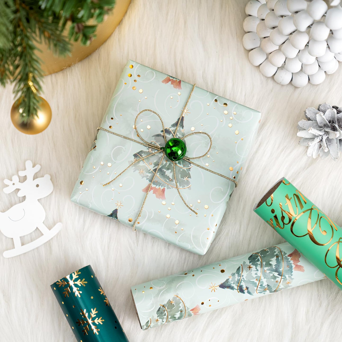 Christmas Wrapping Paper - 3 Rolls, 17 Inch X 120 Inch Each - Green Foil Christmas Tree, Snowflake Designs with Metallic Shine - Perfect for Christmas, Holiday