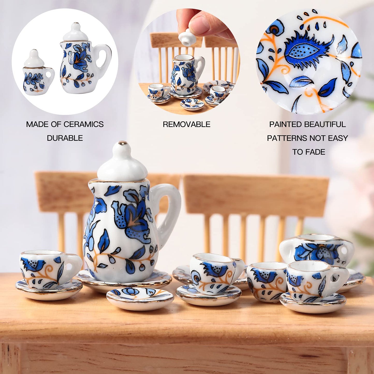 Geiserailie 2 Set 1:12 Dollhouse Miniature Porcelain Tea Cup 30 Pieces Mini Flowers Pattern with Golden Trim Teapot Cup Plate Dollhouse Kitchen Accessories (Charming Style)