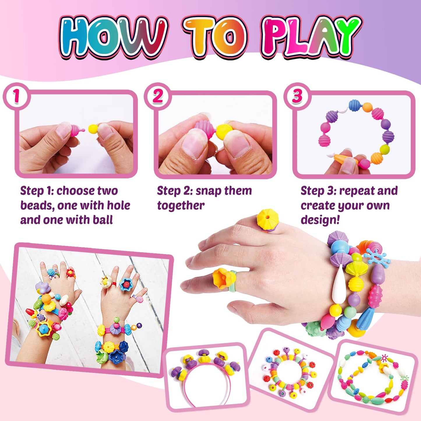 FUNZBO 850pcs Pop Beads - Jewelry Making Kit for 3 4 5 6 7 8 Year Old Little Girls, Arts and Crafts Toys for Kids, Necklace Bracelet Ring Hairband Creativity Snap Set, Birthday Gifts for Kids