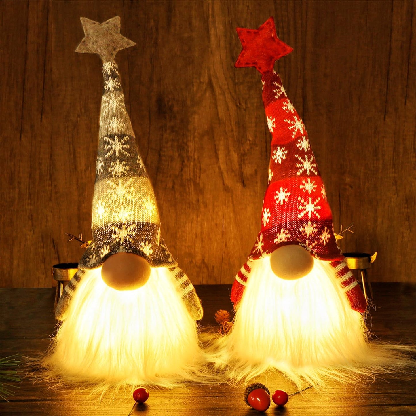 15" Lighted Christmas Gnome, Handmade Plush Scandinavian Swedish Tomte, Light Up Elf Toy Holiday Present, Battery Operated Winter Tabletop Christmas Decorations, 2 Set