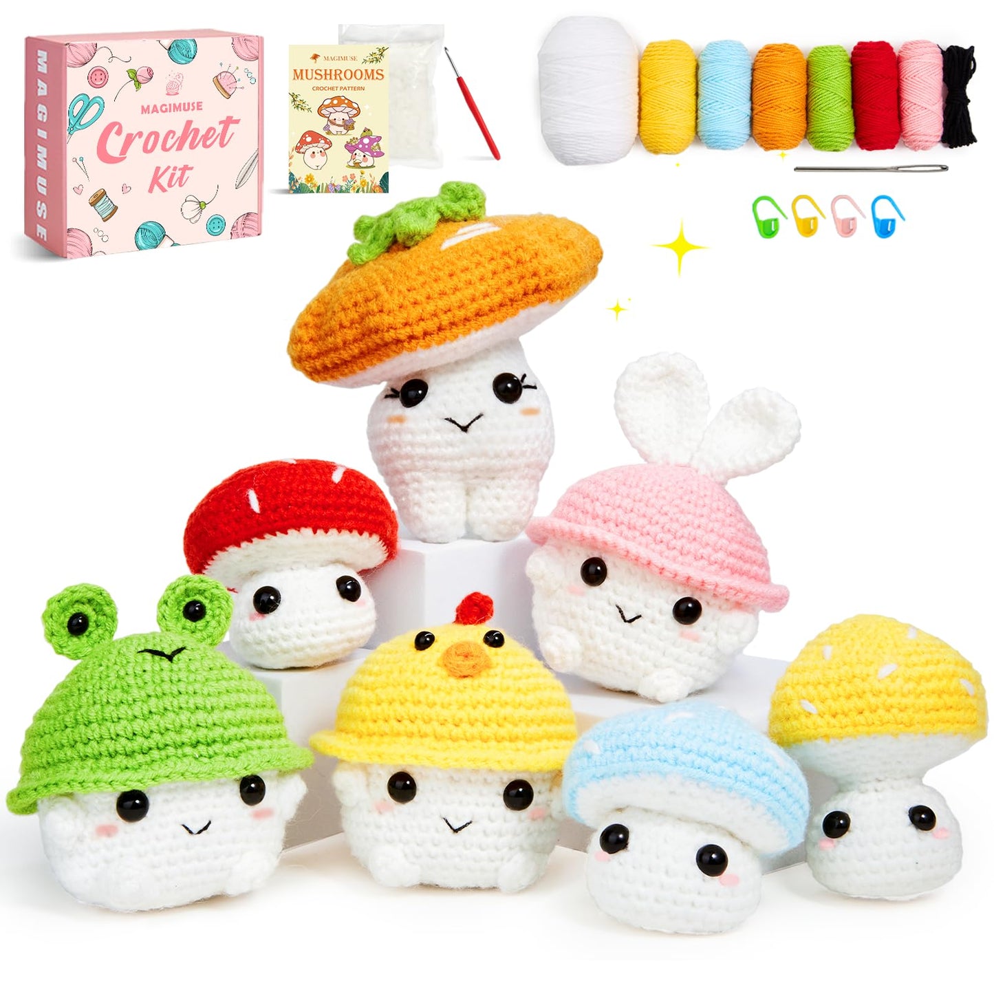 Crochet Kit for Beginners, Crochet Starter Kits for Adults Amigurumi Craft Knitting Crocheting Kits with Step-by-Step Video Tutorials, Mushroom Family(40%+ Yarn