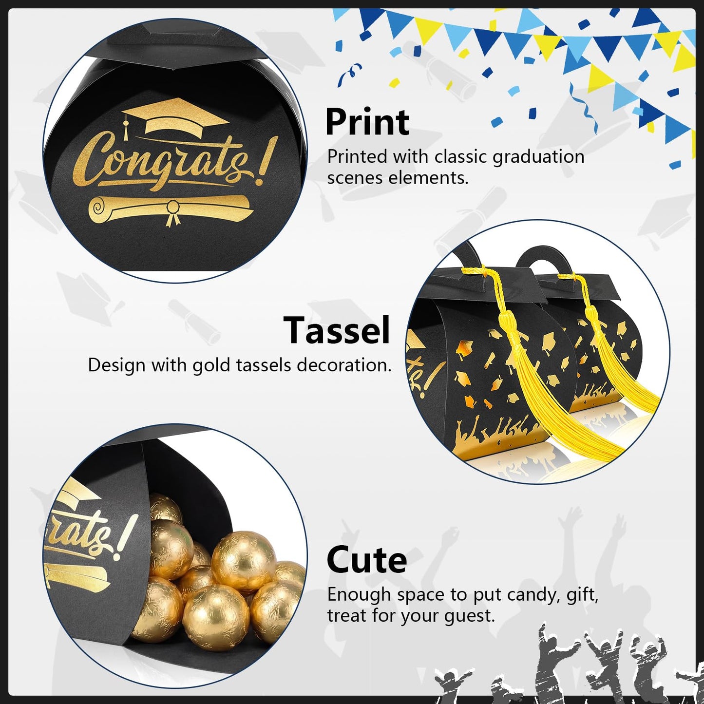 Spakon 30 Pcs Graduation Cap Gift Box Graduation Party Favors Candy Boxes Treat Box with Tassel Table Centerpieces Class of 2026 Grad Decorations(Black, Gold)