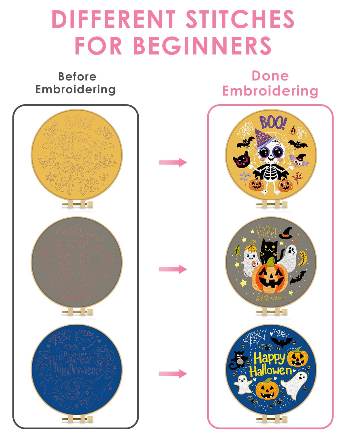 TINDTOP Halloween Embroidery Kit for Adult, 3 Pack Embroidery DIY Starter Kit, with Stamped Patterns, Hoop, Tools, Colorful Threads with Needles, Instructions