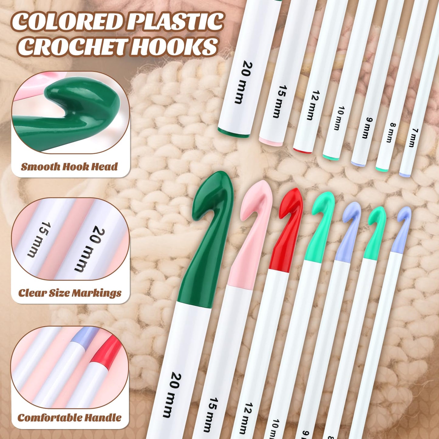 7 Sizes Large Crochet Hooks Set, 7mm-20mm Huge Crochet Hooks for Chunky Yarn, Ergonomic Crochet Needles with Big-Eye Blunt Needles Crochet Accessions for DIY Craft Carpets