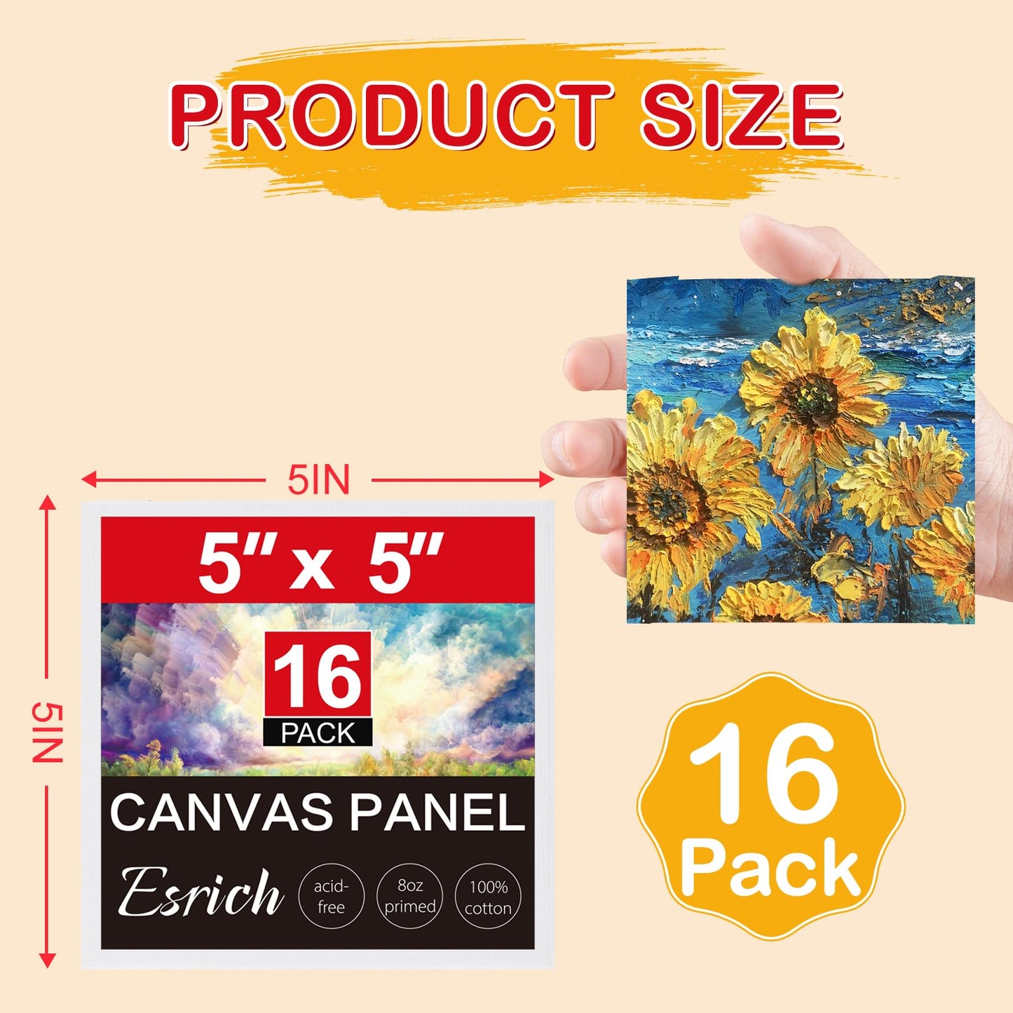 Canvas Boards for Painting, 16 Pack Canvases for Painting 5x5 100% Cotton Small Paint Canvas Primed Acid Free Mini Blank Canvas Panels for Oil Paint,Watercolor,Acrylic Paint,Gouache&Tempera.
