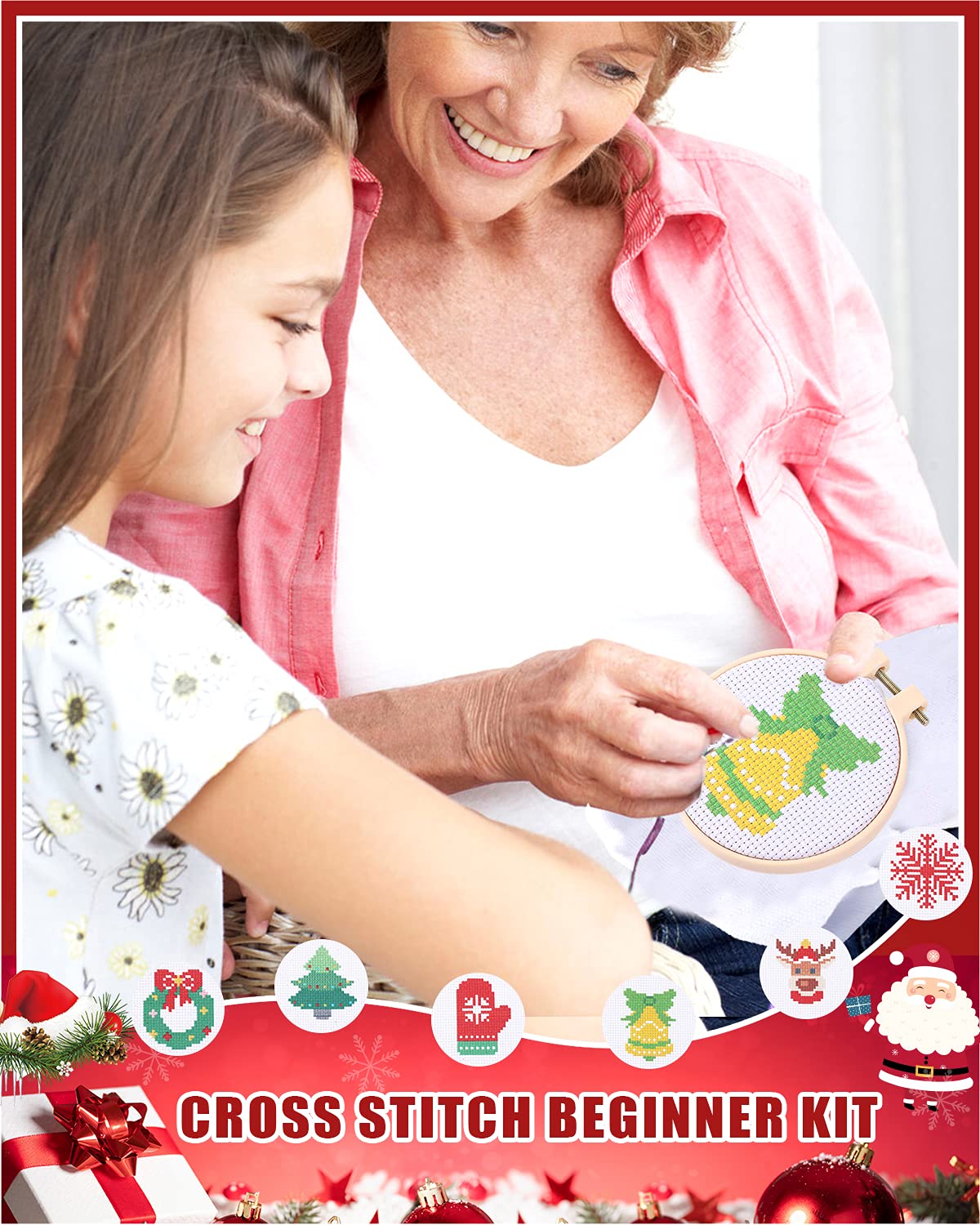 Pllieay Christmas Cross Stitch Beginner Kits for Kids 7-13, Includes 6pcs Project Cross Stitch Pattern and 2pcs Hoops, 14 Skeins Embroidery Floss, Needle Point Starter Kit Sewing Set with Instructions