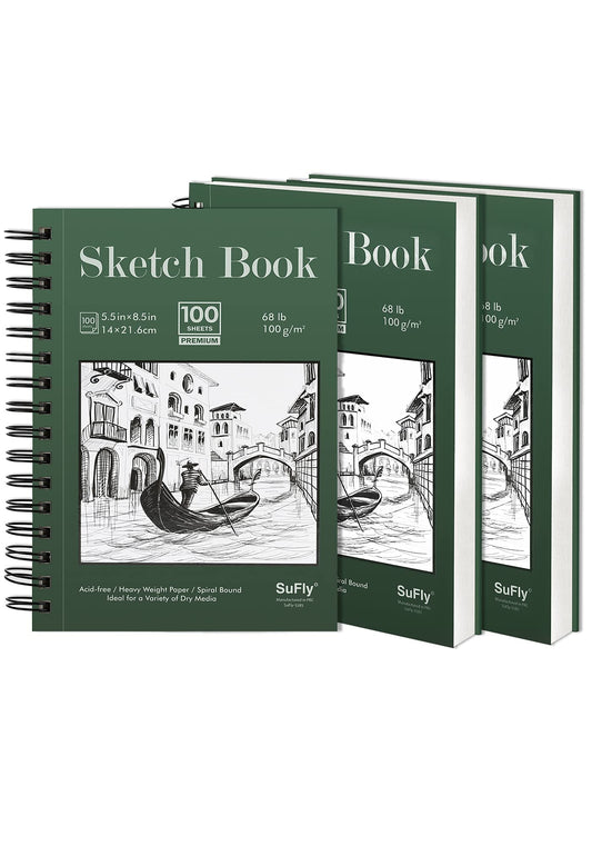 Sketch Book 5.5 X 8.5 inch, Artist Sketch Pad (Pack of 3), 300 Sheets (68lb/100gsm) Spiral Bound Sketchbook, 100 Sheets Each, Acid Free Drawing Paper, Suitable for Adults & Teens