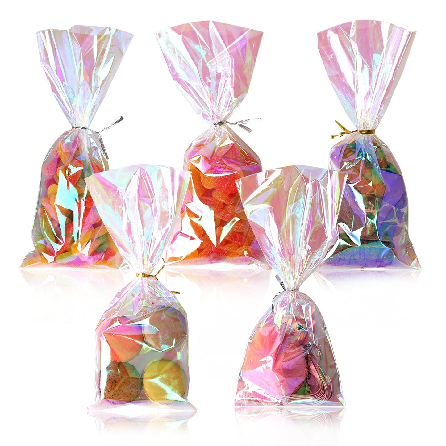 QTOP Cellophane Treat Bags,Iridescent Holographic Goodie Bags, Clear Cello Bags with Twist Ties for Birthday Party Favors, Valentines, Easter, Weddings