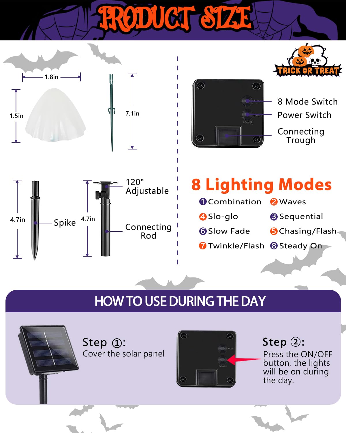 2PK 55FT 32LED Halloween Orange Purple and Green Solar Mushroom Lights Outdoor, Solar String Light with 8 Lighting Modes Auto On/Off, Halloween Garden Lights for Witch Decorations