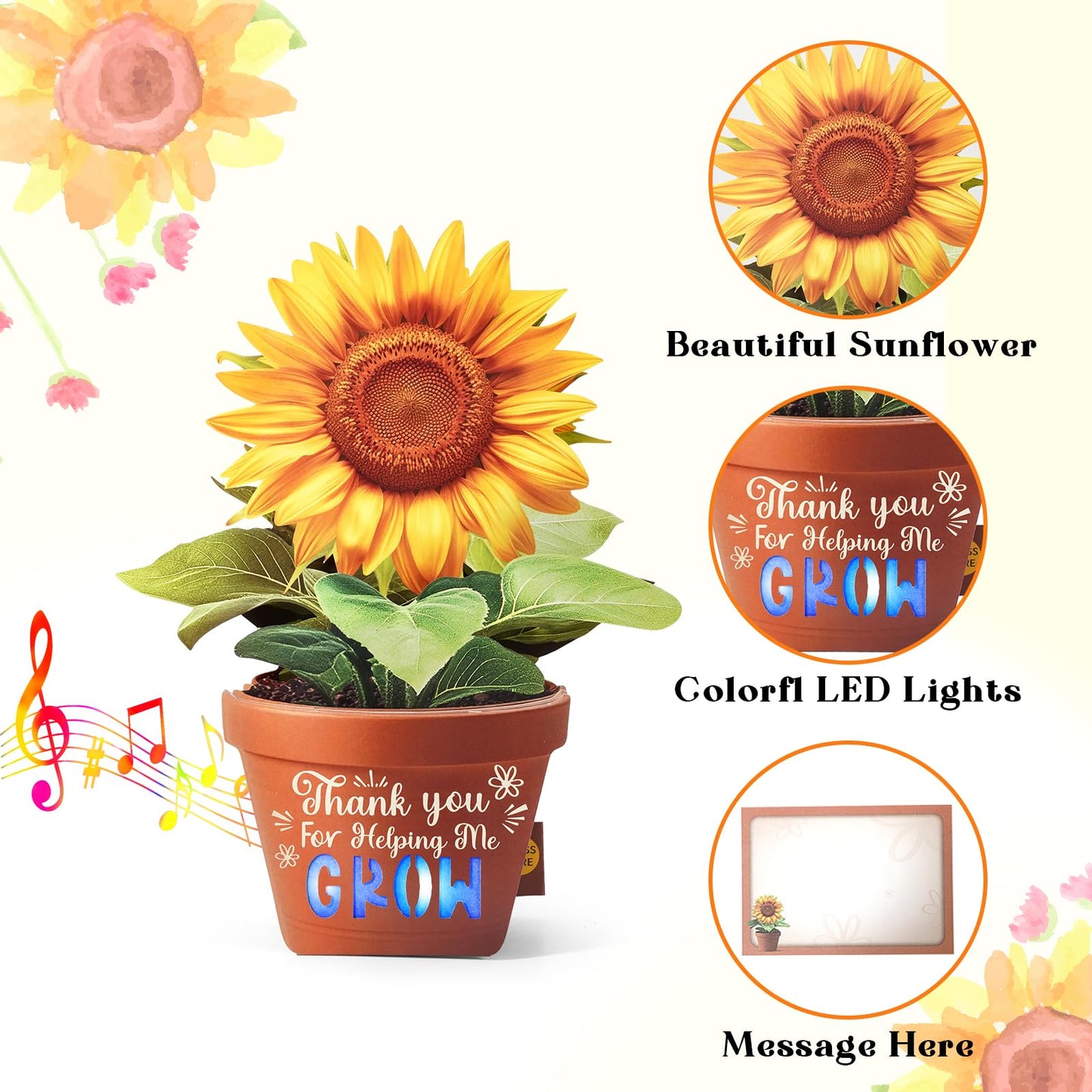 APOTODITO Teacher Appreciation Cards, Sunflower Graduation Card with Music and Lights with Text Thank You for Helping me Grow