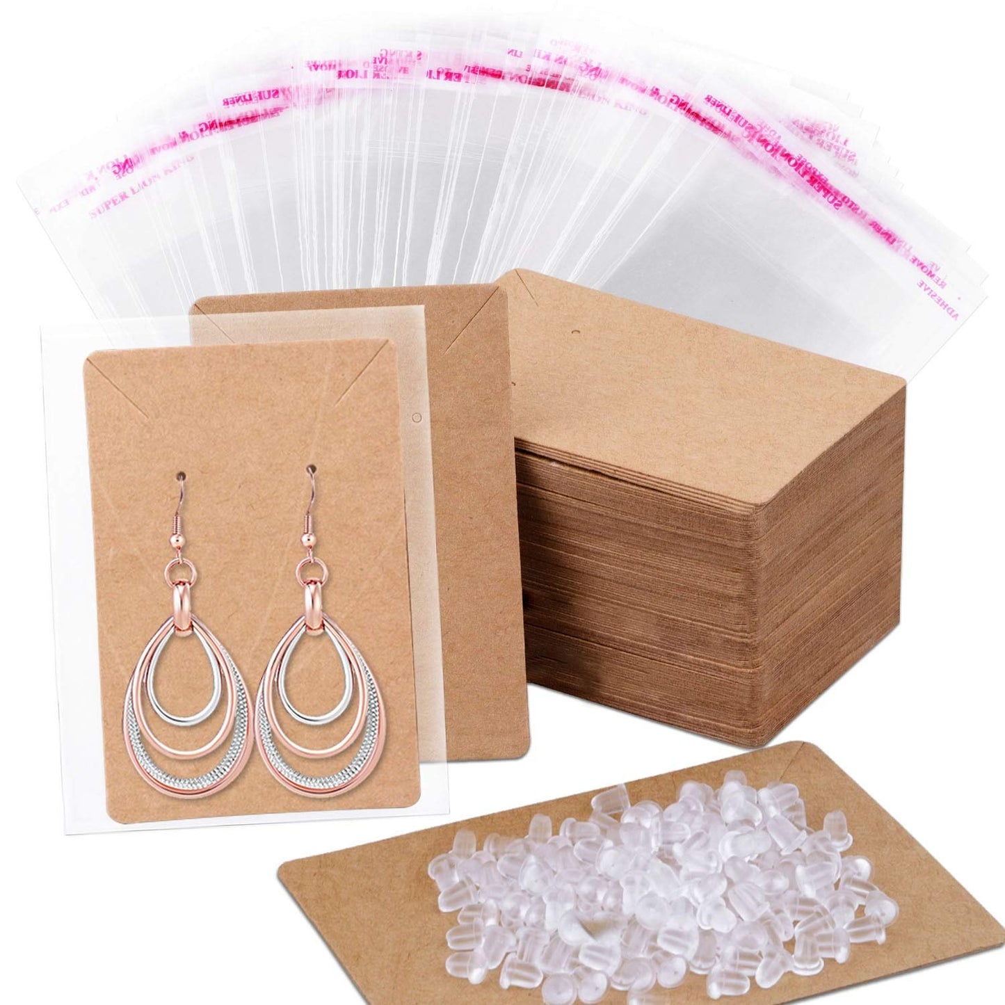 Anezus 100 Pcs Earring Display Cards with 200 Earring Backs and 100 Self-Sealing Bags for Earrings, Necklace & Jewelry Display, Kraft Color 3.5x2.4 Inches