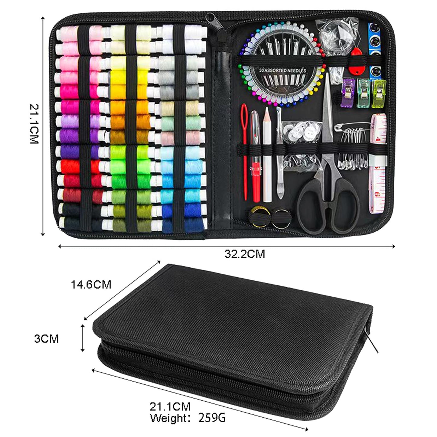 JUNING Sewing Kit with Black Case Portable Sewing Supplies for for Mom Grandma Women Men Teen Girls Boys Adults Beginner, Home Travel, Emergency, 42 Threads, Scissors, Needles, Measuring Tape and More