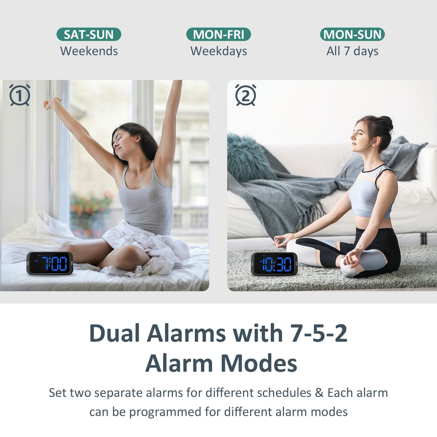 Digital Dual Alarm Clock for Bedroom, Easy to Set, 0-100% Dimmer, USB Charger, 5 Sounds Adjustable Volume, Weekday/Weekend Mode, Snooze, 12/24Hr, Battery Backup, Compact for Bedside(Blue)