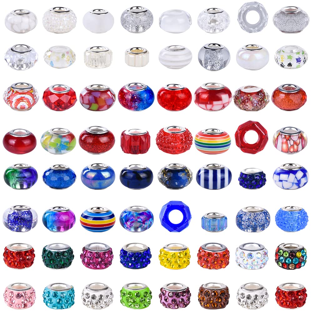 Aipridy Assortment European Large Hole Beads Spacer Beads Rhinestone Craft Beads for DIY Charms Bracelet Jewelry Making (Blue-Red-White)