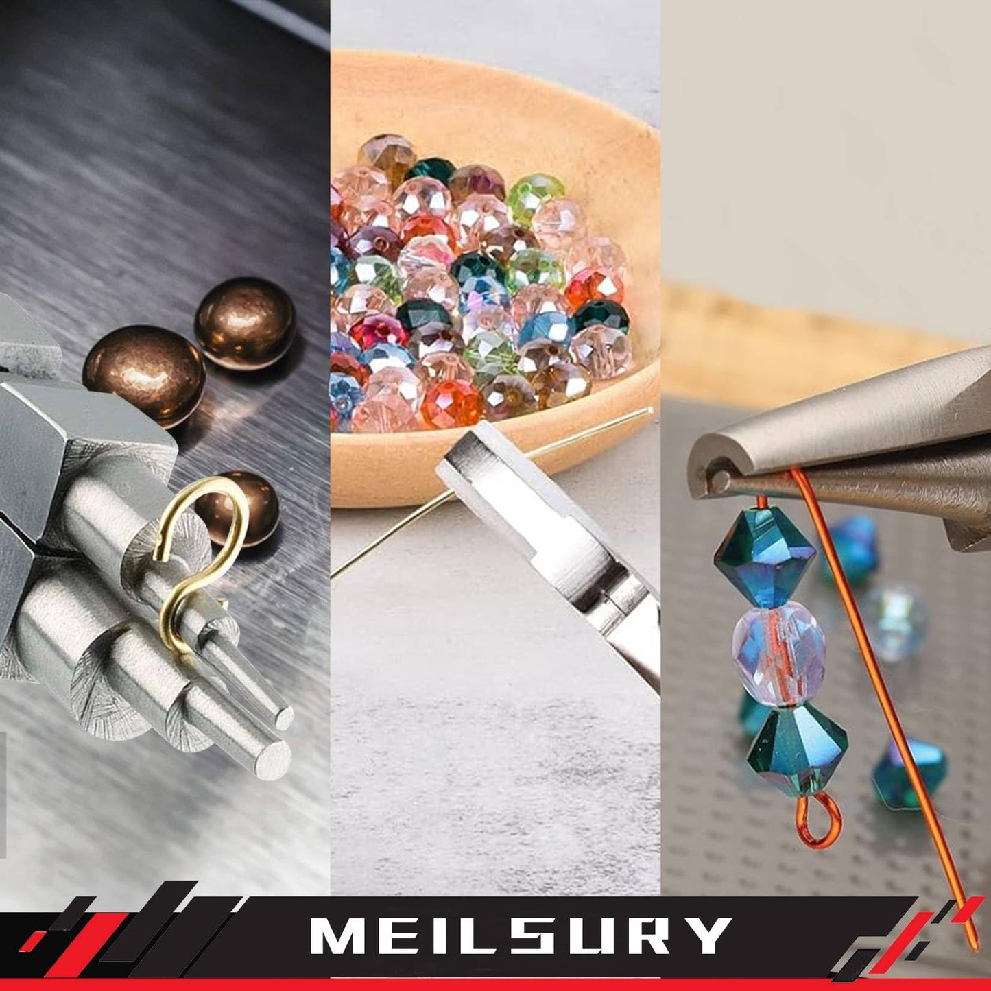 MeilsurY 3-Piece jewelry pliers set includes a 6-in-1 bail making looping pliers, nylon jaw pliers, and Wire Looping and Bending plier tools for crafting, beading, and repairing