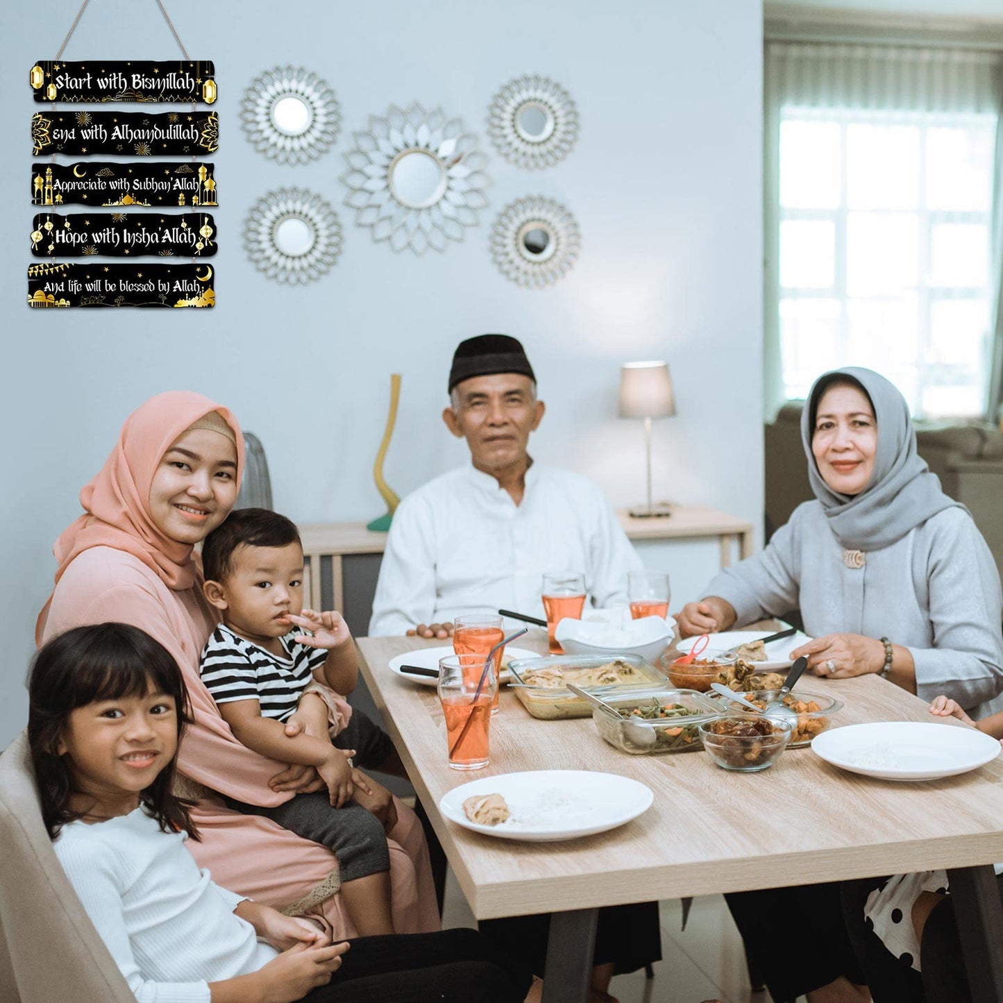 Islamic Wall Sign Eid Ramadan Mubarak Decorations Start and End with Allah Wall Art Allah Pediment Inspirational Wooden Hanging Muslim Plaque for Islamic Home Eid Al Fitr Supplies (Black)