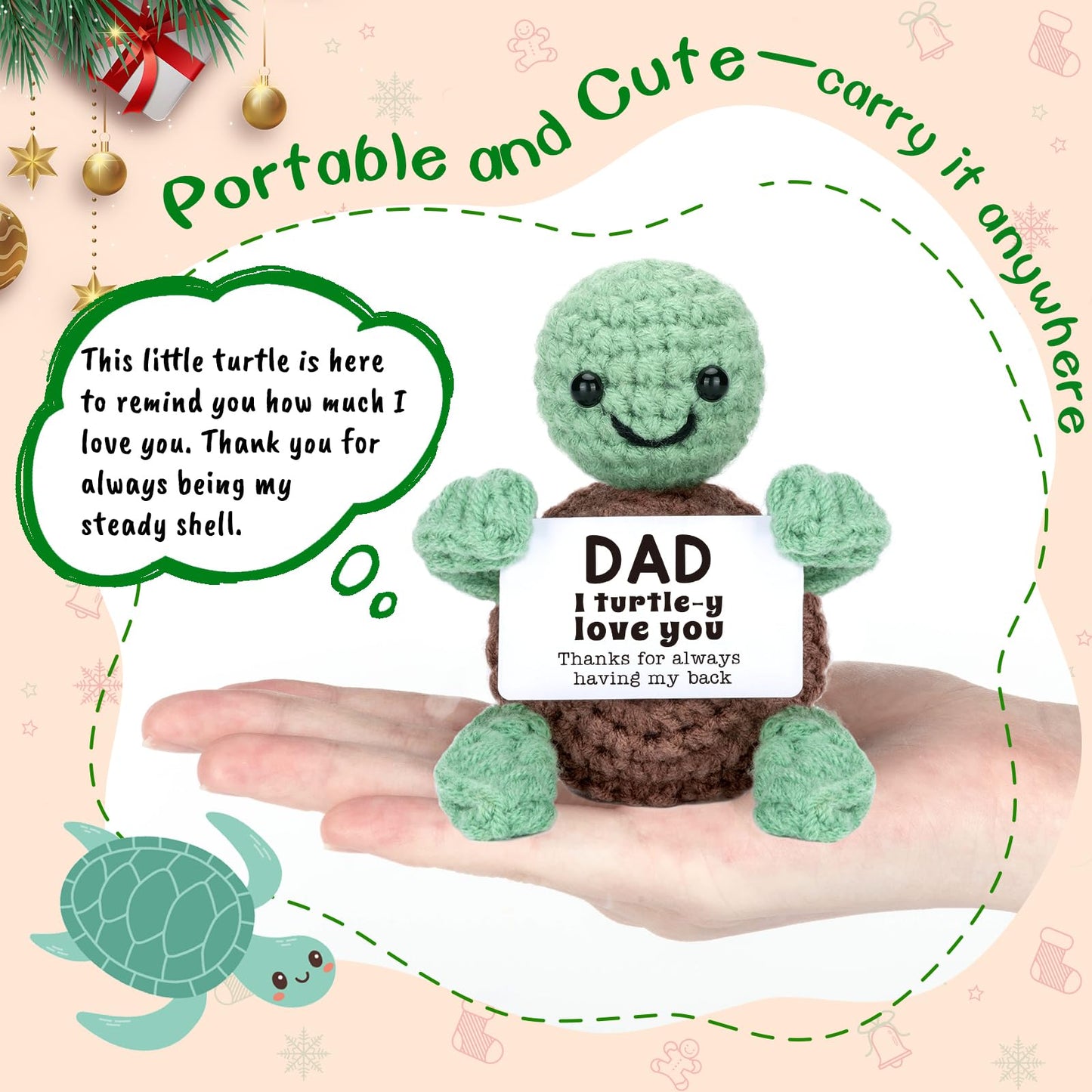 4THFARMES Mini Funny Turtle Fathers Day Dad Gifts from Daughter Son Wife, Birthday Gift for Dad Father Daddy Presents, I Love You Small Cute Stuff Things, Handmade Emotional Positive Crochet Turtle