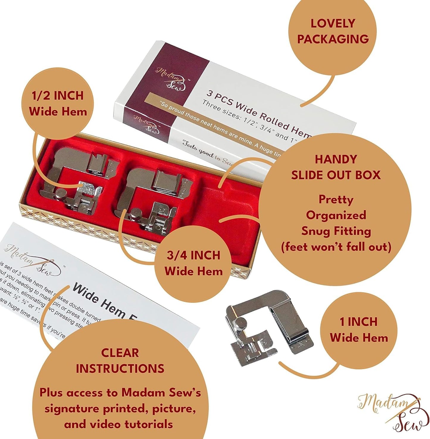 Madam Sew Rolled Hem Presser Foot Set – 3 Piece Wide Hemming Foot Kit Includes 1/2”, 3/4" & 1” Presser Feet – Rolled Hem Foot Compatible with Most Models of Singer, Brother, Babylock, Euro-Pro, Janome