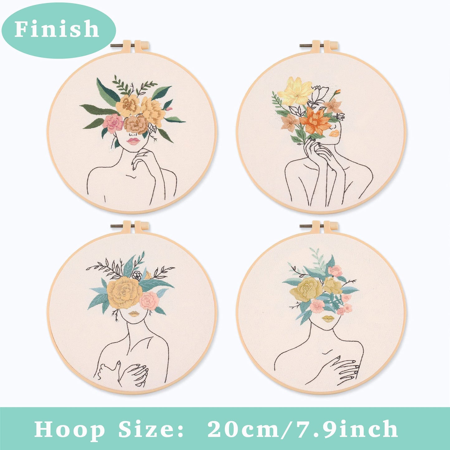 REEWISLY 4 pcs of Embroidery Starter kit with Patterns and Instructions, DIY Adult Beginner Cross Stitch Kits, Including 2 Plastic Embroidery Rings, 1 Pair of Scissors, Colored Threads and Needles
